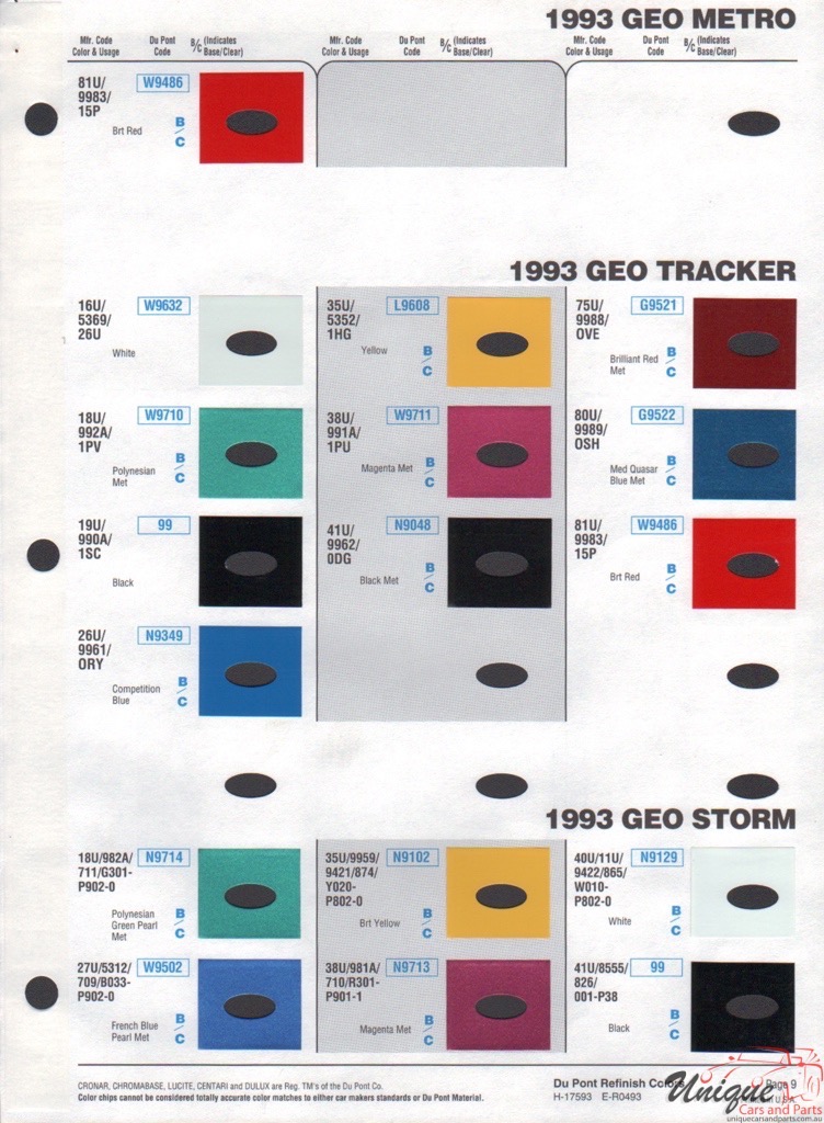 1993 General Motors Paint Charts DuPont 9